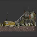 Wooden House In Natural Setting With Dead Trees Water Small Boat Trailer And Weeds