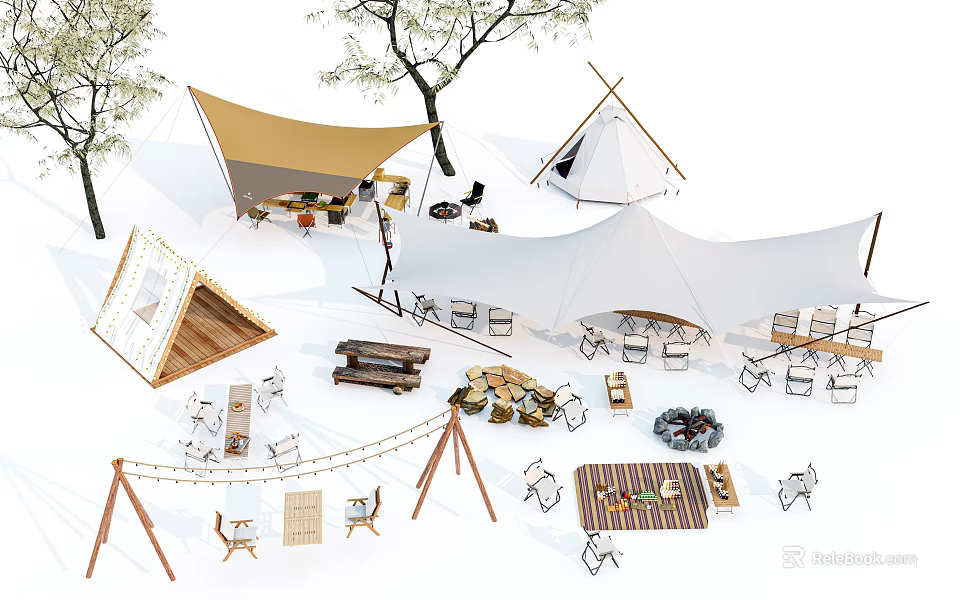 Outdoor Camping Teepee And Canopy Tents With Tables Chairs And Campfire Setup 3d model 