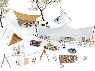 Outdoor Camping Teepee And Canopy Tents With Tables Chairs And Campfire Setup 3d model