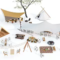 Outdoor Camping Teepee And Canopy Tents With Tables Chairs And Campfire Setup