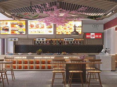 Modern Hot Pot Restaurant Interior With Cherry Blossoms And Seating 3d model