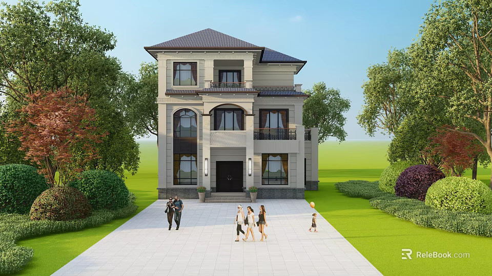 Two Story Detached Villa with Front Lawn Green Trees and People Walking Pathway 3d model 