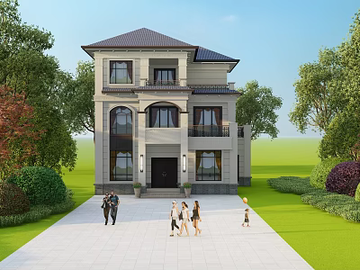 Two Story Detached Villa with Front Lawn Green Trees and People Walking Pathway 3d model