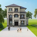 Two Story Detached Villa with Front Lawn Green Trees and People Walking Pathway