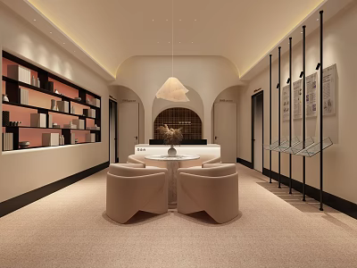 Modern Hotel Lobby Interior With Archway Pendant Light Beige Armchairs And Wooden Bookshelves 3d model