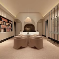 Modern Hotel Lobby Interior With Archway Pendant Light Beige Armchairs And Wooden Bookshelves