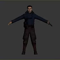 3D Character Model In Blue Coat Brown Pants Holding Guns On Gray Background