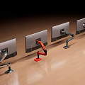 Different Design Monitor Arms With Red White And Silver Colors On Wooden Floor