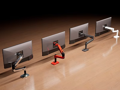 Different Design Monitor Arms With Red White And Silver Colors On Wooden Floor 3d model