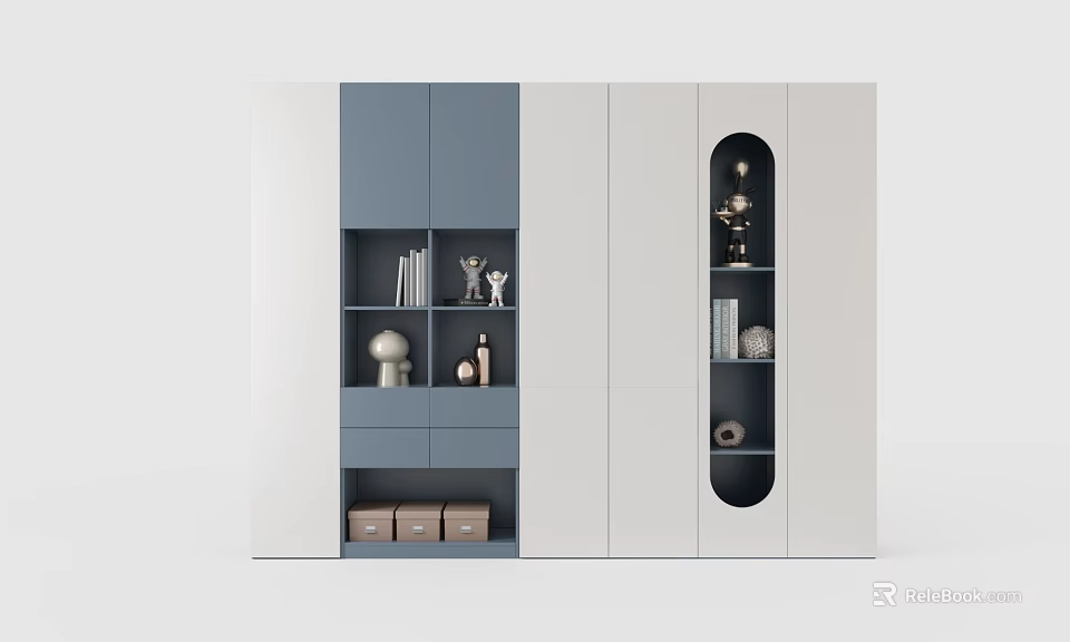 Gray And White Storage Cabinet With Open Shelves Drawers Books Decorations And Storage Boxes 3d model 