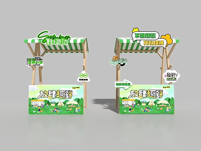 Fresh Fruit Stalls With Green White Striped Canopy And Wooden Signboards 3d model
