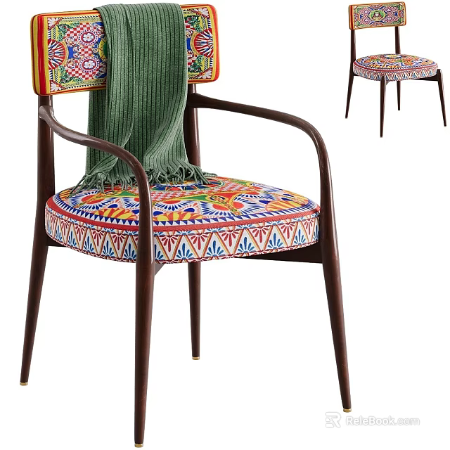 Colorful Patterned Dining Chair With Armrests Dark Wooden Frame And Green Throw 3d model 