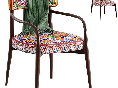 Colorful Patterned Dining Chair With Armrests Dark Wooden Frame And Green Throw 3d model