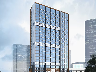 Modern High Rise Residential Building With Glass Facade And Surrounding Urban Skyscrapers 3d model