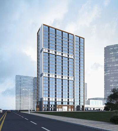 Modern High Rise Residential Building With Glass Facade And Surrounding Urban Skyscrapers 3d model