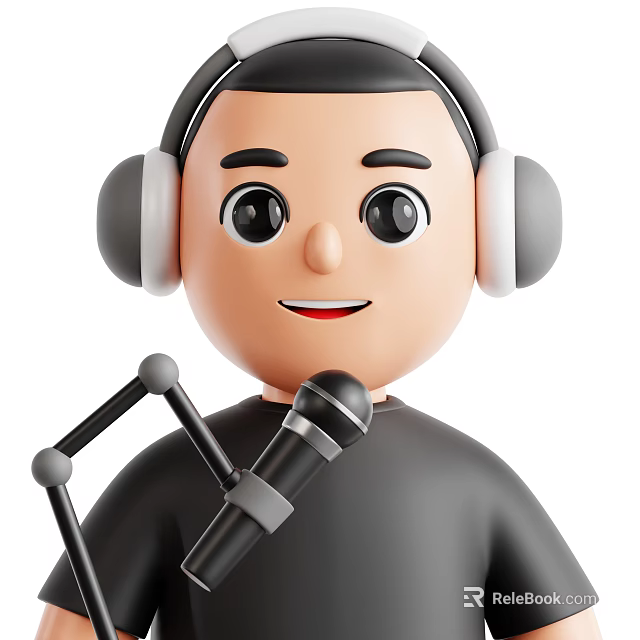 Man Wearing Gray Headphones Speaking Into Black Microphone With Happy Smile 3d model 