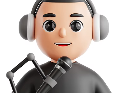 Man Wearing Gray Headphones Speaking Into Black Microphone With Happy Smile 3d model