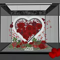 Floral Display With Heart Shaped Frame Red Roses LOVE Sign And Scattered Petals