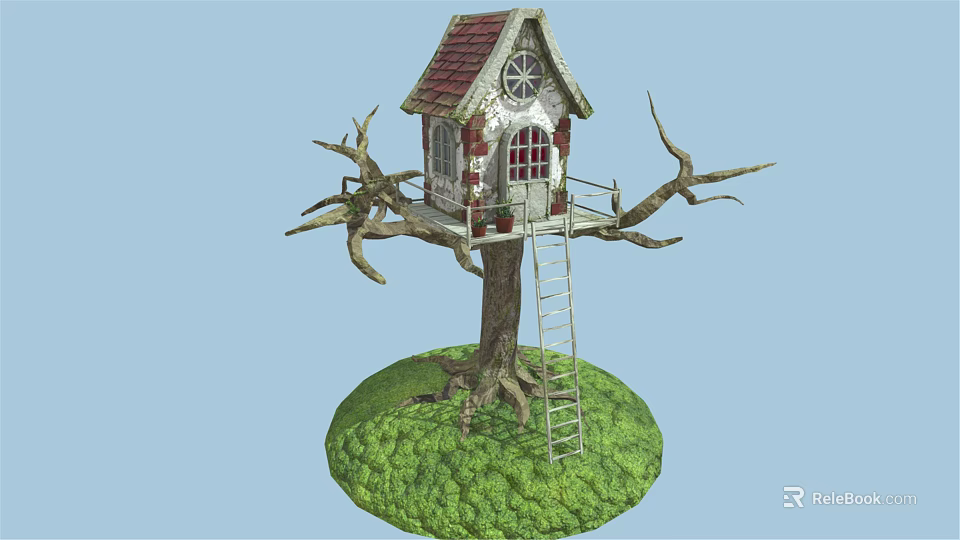 Cute Treehouse On Tree With Red Roof White Walls Wooden Ladder And Green Grass 3d model 