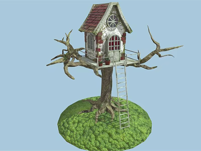 Cute Treehouse On Tree With Red Roof White Walls Wooden Ladder And Green Grass 3d model