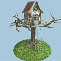 Cute Treehouse On Tree With Red Roof White Walls Wooden Ladder And Green Grass