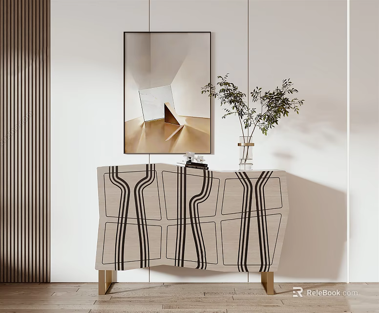 Modern Entryway Console Table Interior With Patterned Design Wooden Legs Vase And Mirror Decor 3d model 