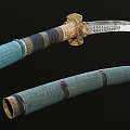 Traditional Japanese Katana with Silver Sharp Blade and Green Textured Sheath and Golden Decorative Fittings