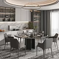 Modern Restaurant Interior With Round Dining Table Gray Chairs Open Kitchen And Marble Counter 3d model