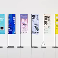 Different Advertising Display Stands With Various Promotional Posters And Content