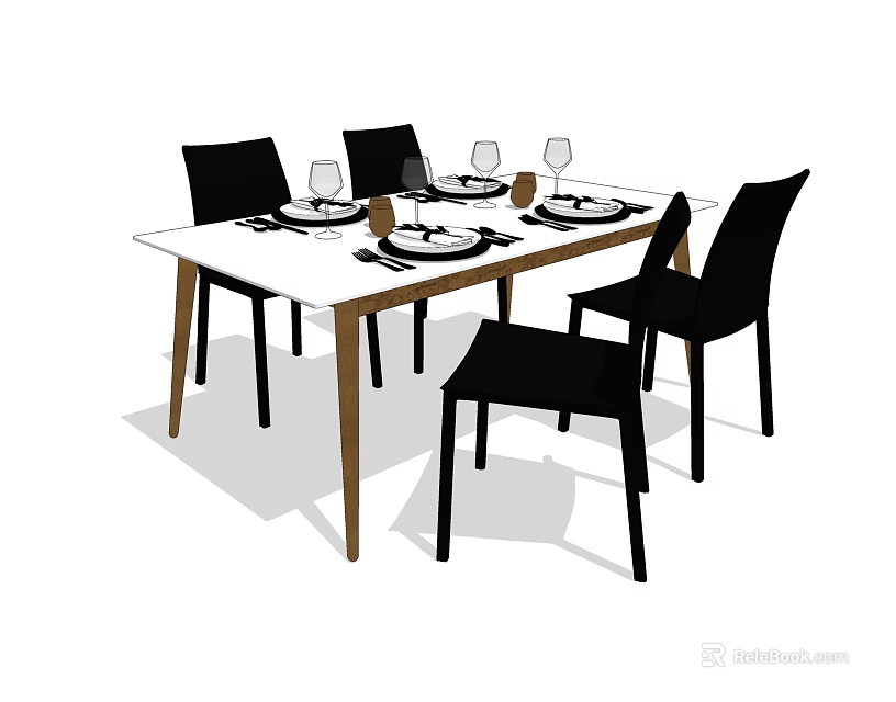 Dining Table Set with White Table Black Chairs and Tableware Plates Wine Glasses for Dining 3d model