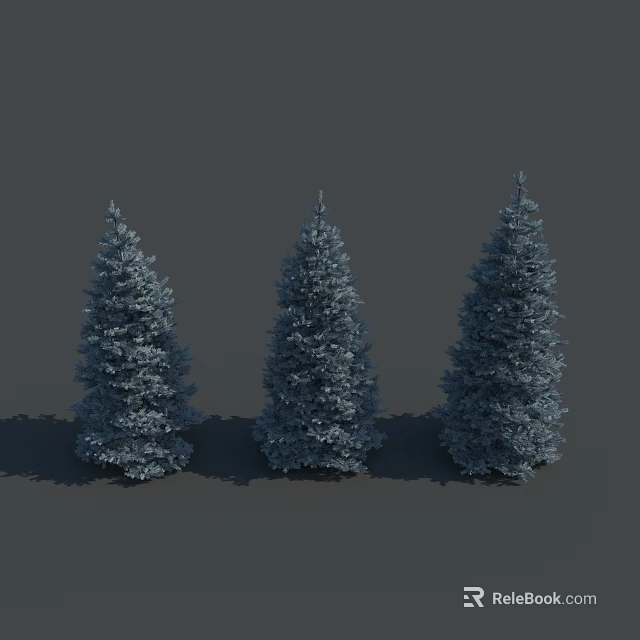 Three Blue Green Pine Trees on Gray Background as 3d model