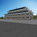 Traditional Ancient Architecture Featuring Blue Roof Overhanging Eaves And Wooden Windows