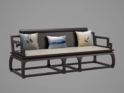 Traditional Chinese Style Three Seater Sofa With Dark Wood Frame And Landscape Patterned Cushions 3d model
