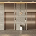 Modern Brass Elevators In Luxury Lobby With Marble Walls And Circular Emblem 3d model