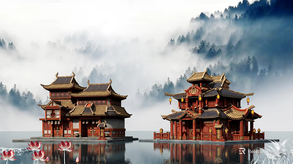 Traditional Chinese Scenery Featuring Red Wooden Pavilions By Water Misty Mountains And Lotus Blooms 3d model 