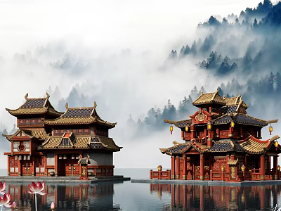 Traditional Chinese Scenery Featuring Red Wooden Pavilions By Water Misty Mountains And Lotus Blooms 3d model