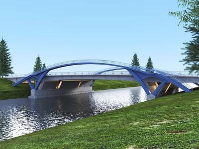 Modern Blue Arch Bridge Over River With Green Grass And Trees 3d model