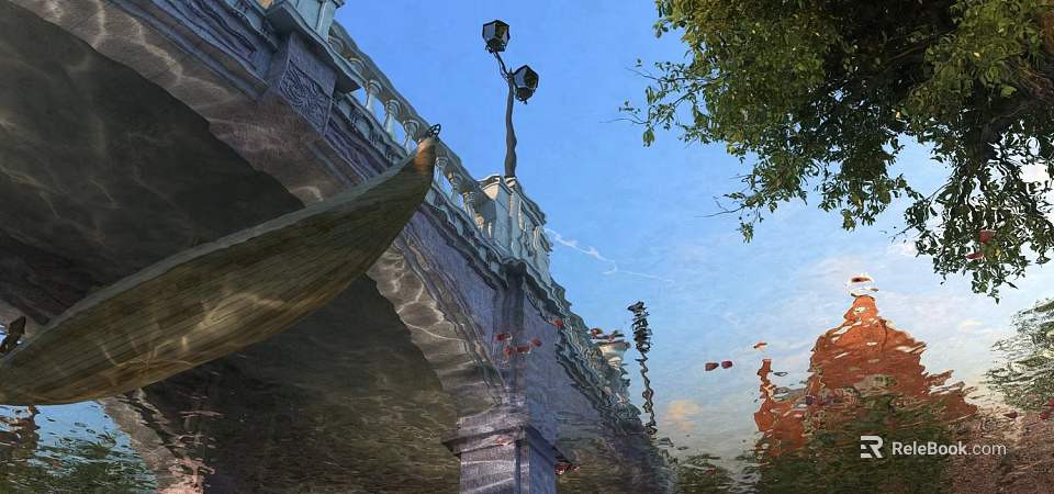 Aerial Planning of Urban Bridge With Street Lamp Water Reflection and Trees 3d model 
