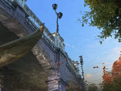 Aerial Planning of Urban Bridge With Street Lamp Water Reflection and Trees 3d model