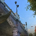 Aerial Planning of Urban Bridge With Street Lamp Water Reflection and Trees