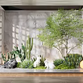Indoor Landscape Featuring Lattice Window Stone Wall Tree Cactus Rabbit Ornaments Moss And Round Lamp