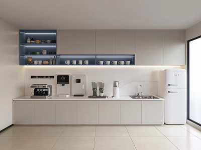 Modern Pantry Interior With Bright Design White Cabinets Coffee Machine Water Dispenser And Shelves 3d model