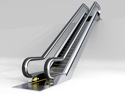 Modern Stainless Steel Escalator With Silver Handrails And Yellow Line Steps 3d model