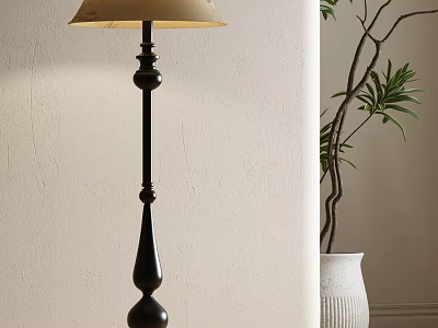 Black Decorative Floor Lamp With Beige Lampshade White Vase And Green Plant In Indoor Setting 3d model