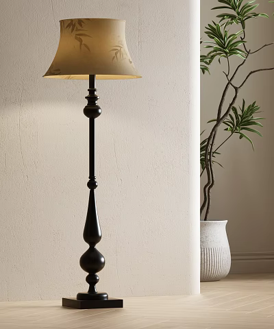 Black Decorative Floor Lamp With Beige Lampshade White Vase And Green Plant In Indoor Setting 3d model