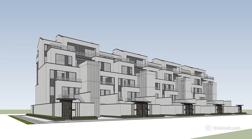 Modern Multi story Townhouse Exterior Design With Geometric Facade And Balconies 3d model 