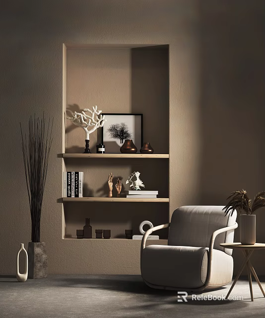 Single Sofa Interior Design With Beige Wall Shelves Decorations Plant And Picture Frame 3d model 