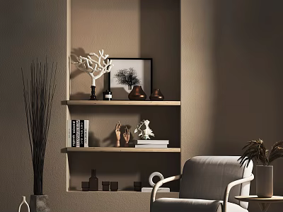 Single Sofa Interior Design With Beige Wall Shelves Decorations Plant And Picture Frame 3d model