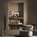 Single Sofa Interior Design With Beige Wall Shelves Decorations Plant And Picture Frame