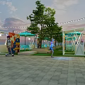 Vibrant Commercial Street With Colorful Stalls Green Trees And Blue Umbrellas